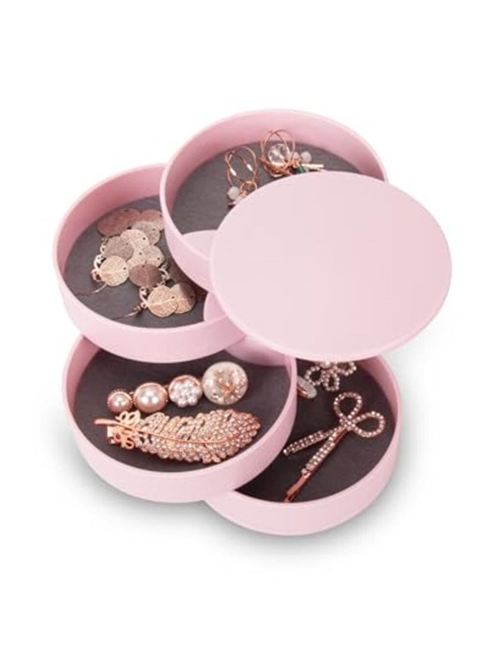 Pink Rotating Jewelry Organizer Box 4 Layer Travel Case Rings Earrings Gift